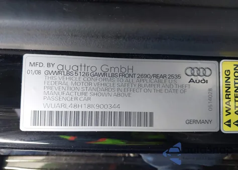 2008 Audi S4 4.2 из США, поврежденный, VIN WUARL48H18K900344